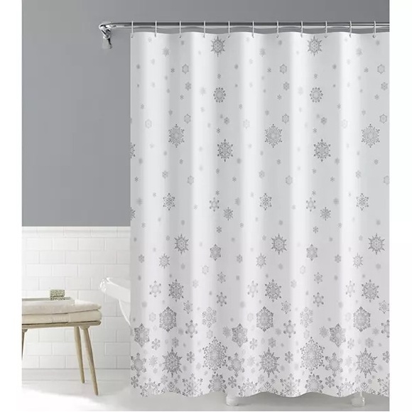 Farmhouse Christmas Winter Holiday White Gray Snowflake Plastic Shower Curtain - Picture 1 of 5